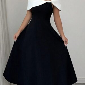 Asymmetrical Neck Contrast Midi Dress