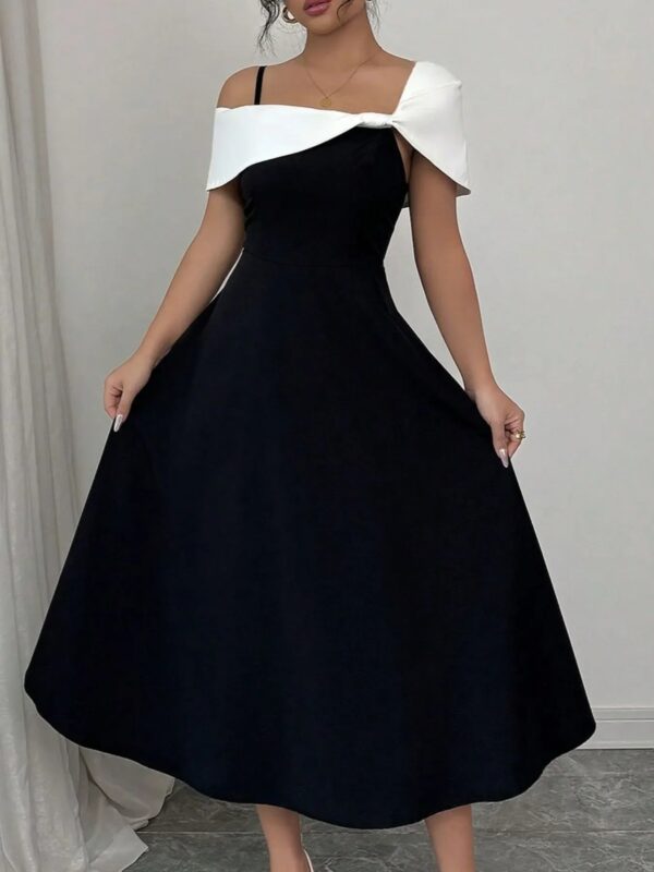 Asymmetrical Neck Contrast Midi Dress