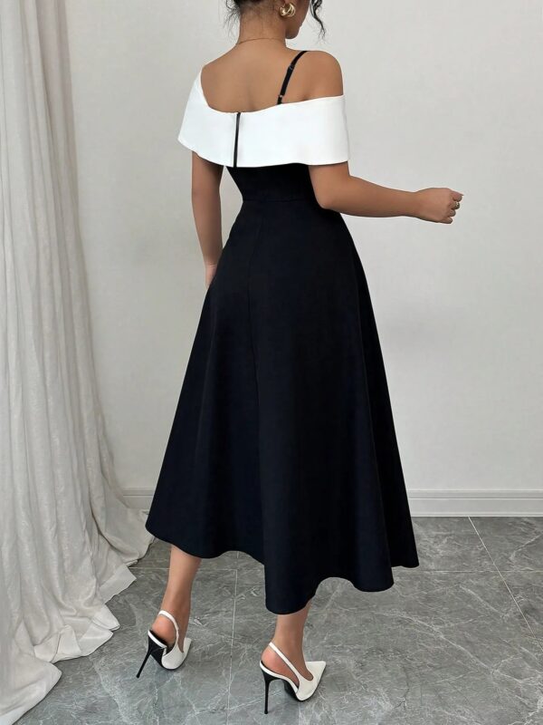 Asymmetrical Neck Contrast Midi Dress - Image 2